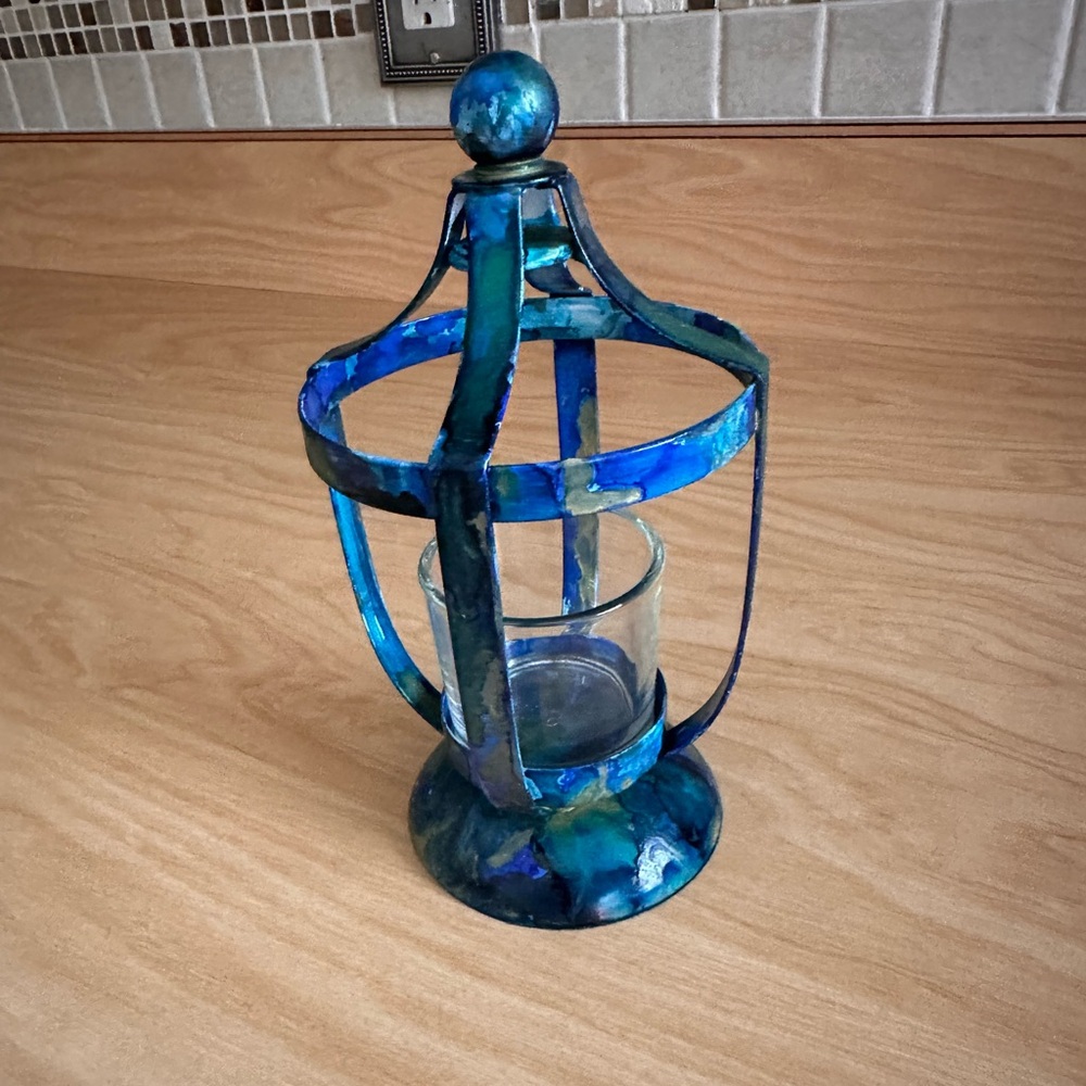 Handcrafted blue metal lantern votive holder with glass cup decorative accent